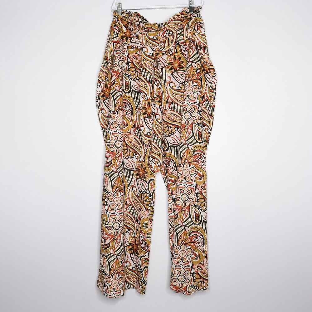 Cato Wide Leg Pants Plus Size 26/28 Yellow Orange Paisley Print Paper Bag Waist‎